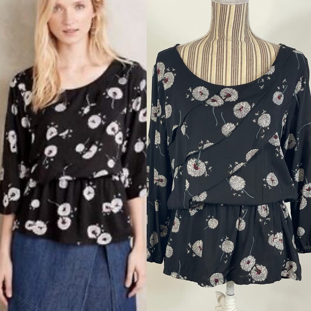 Deletta Anthro Black Wished Bloom Dandelion Peplum Top NEW Size Large